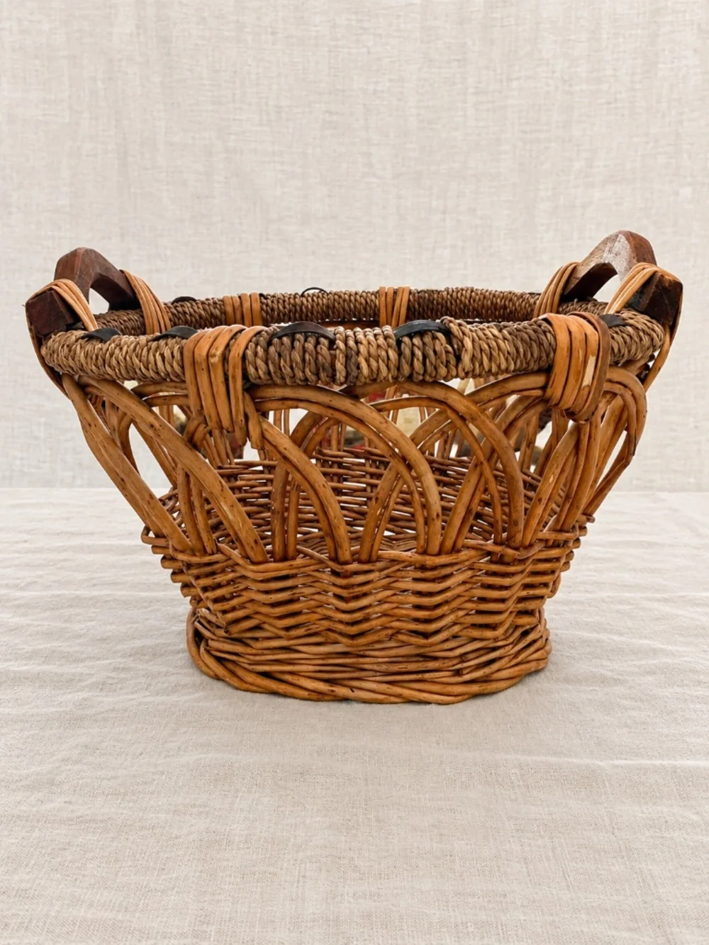 Vintage Woven Wicker Basket Wood Handles Open Weave Pedestal